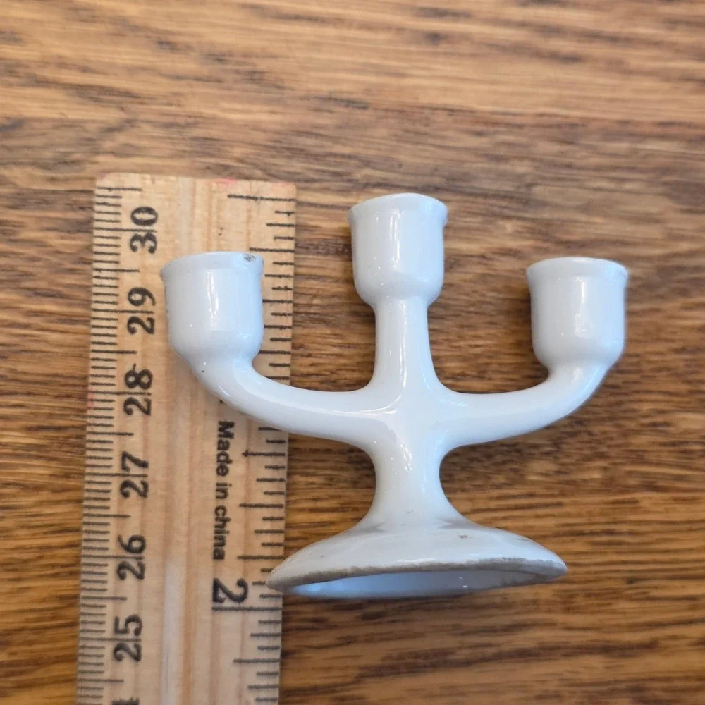 Vintage White Porcelain Miniature 3 Arm Candelabra Japan 2 Inch Dollhouse Decor